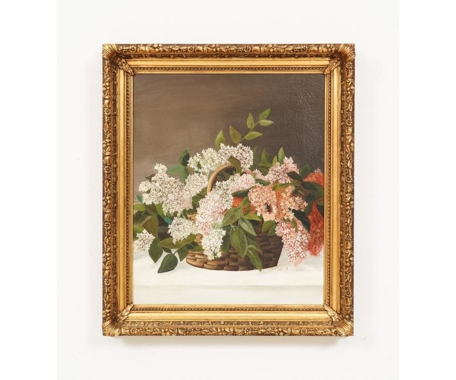 Oil on canvas still life of lilacs,