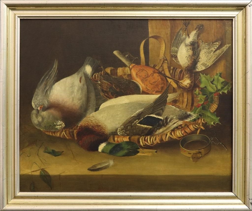 Oil on canvas still life of game,