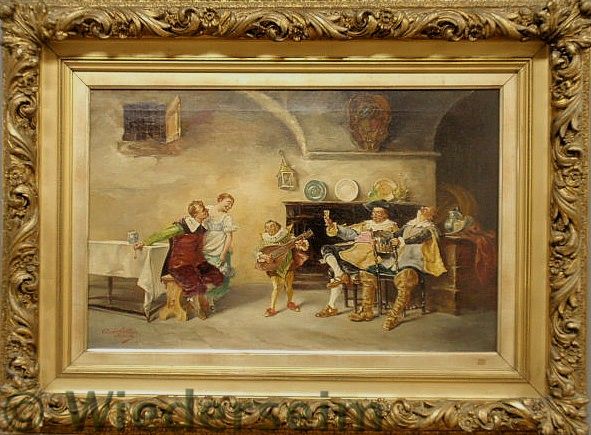 Oil on canvas tavern scene with a