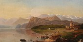 OIL ON CANVAS VILLAGE LAKE LAN