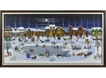Oil on canvas, winter village scene