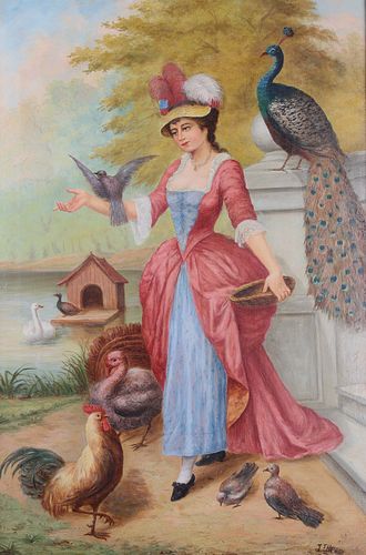 OIL ON CANVAS WOMAN & BIRDS