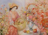 OIL ON CANVAS WOMAN WITH FRUIT