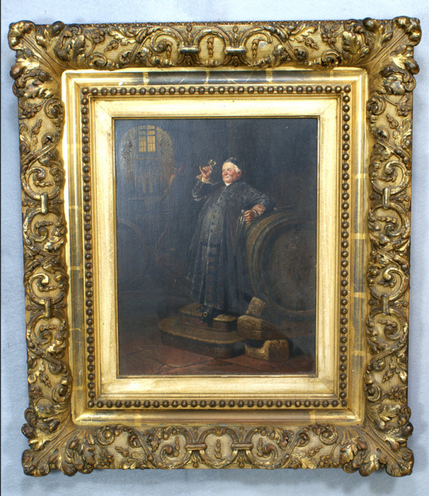 Oil on mahogany of a monk tasting
