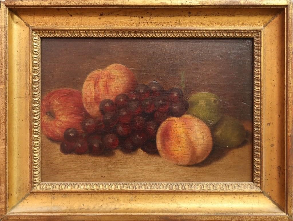Oil on panel still life of fruit,