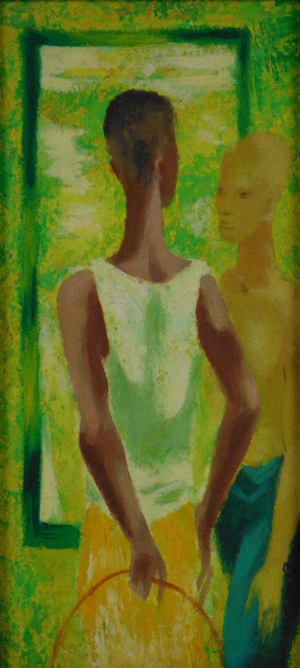 OIL ON PANEL, TWO YOUNG MEN AGAINST