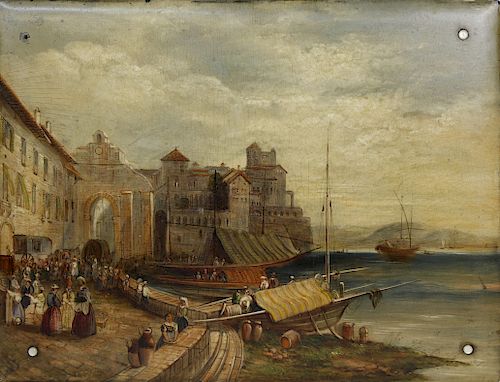 OIL ON PANEL "VIEW OF THE PORT OF