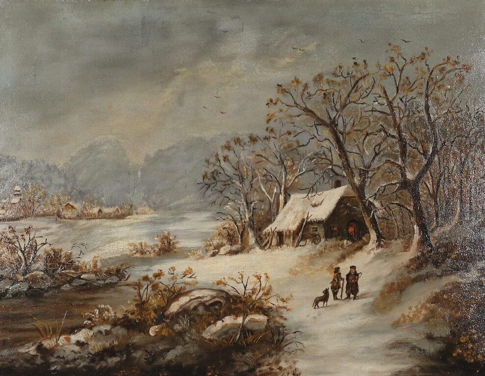 OIL ON PANEL WINTER VILLAGE