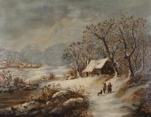 OIL ON PANEL WINTER VILLAGE LA