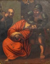 OIL ON TIN JESUS WITH CROWN OF
