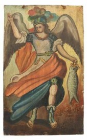 OIL ON TIN RETABLO, ARCHANGEL