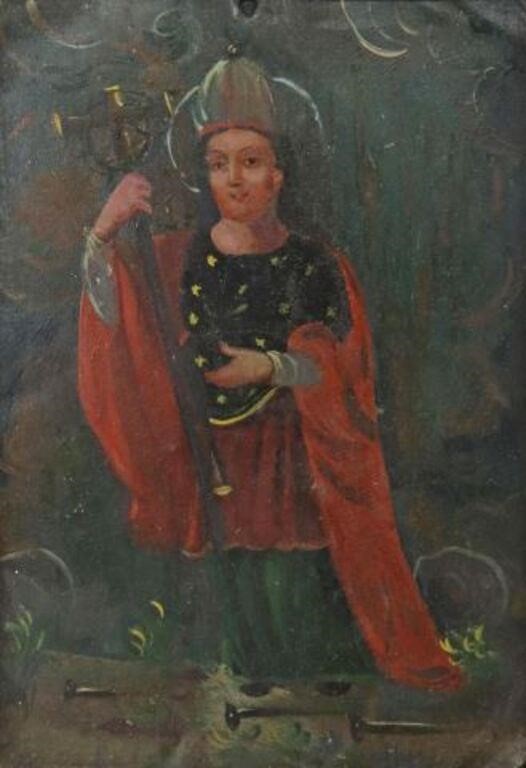 OIL ON TIN RETABLO, SAINT HOLDING
