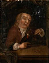 OIL ON WOOD PANEL MAN FEEDING