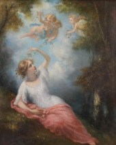 OIL ON WOOD PANEL WOMAN WITH C