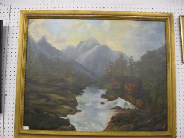 Oil Painting House along a Raging