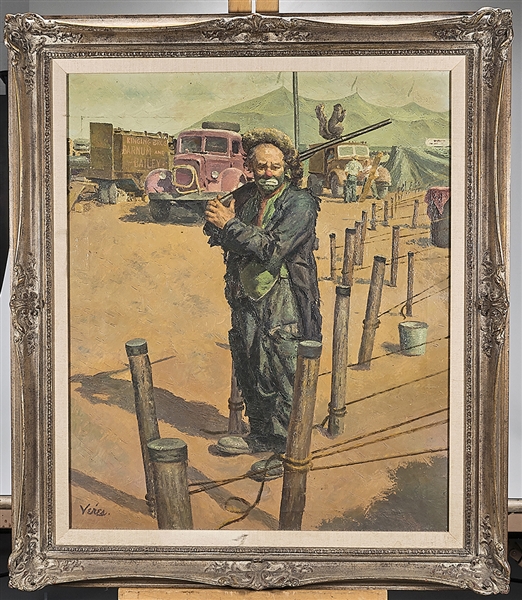 Oil painting of a clown, signed