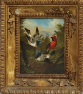 Oil/board of 3 songbirds 268.