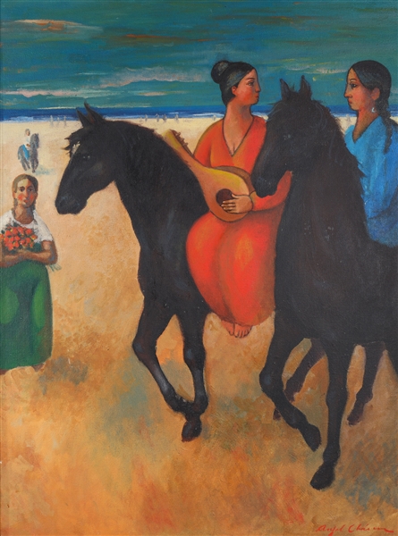 Oil/Canvas "Two Women Horse