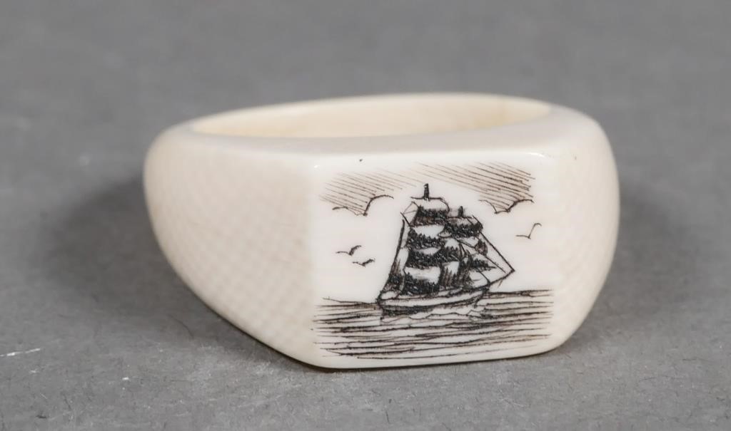 OLD CARVED IVORY SCRIMSHAW RING