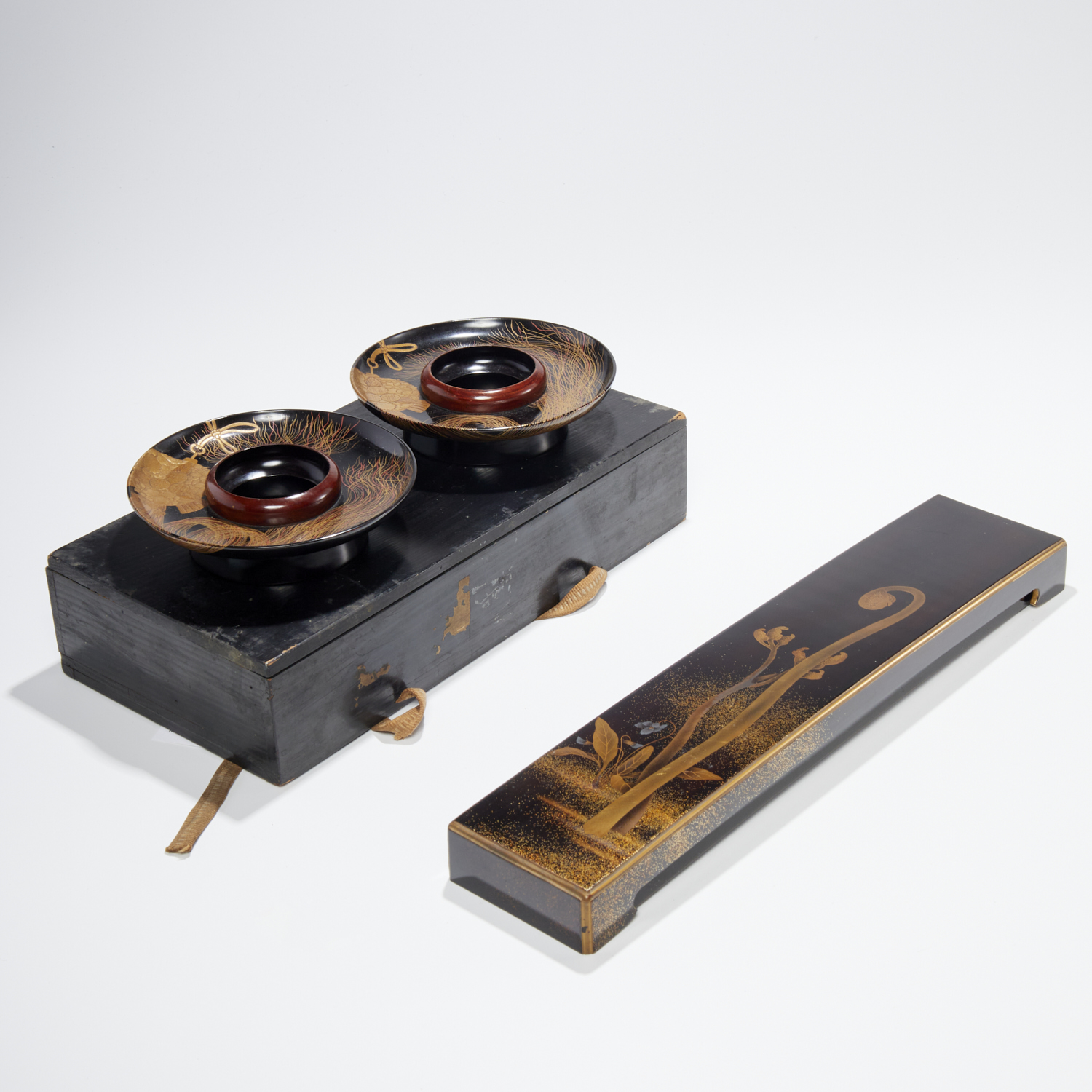 OLD JAPANESE LACQUER BOX AND PAIR