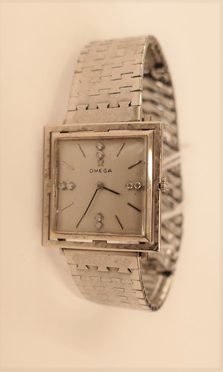 Omega 14K White Gold Square Face