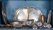 ONE BIN OF SILVER PLATE TABLE