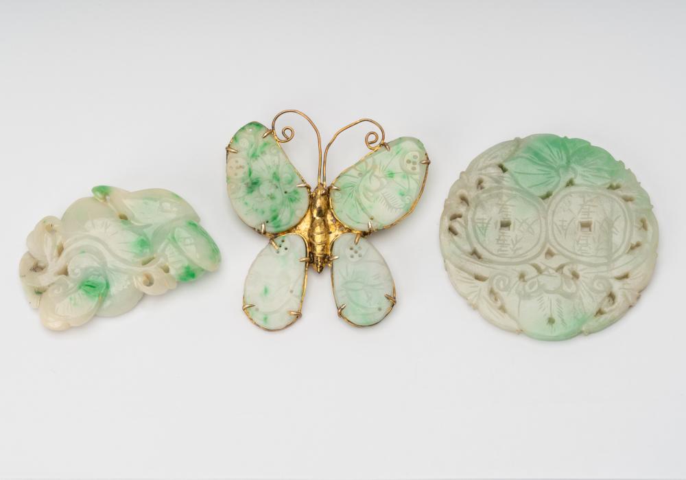 ONE JADE BUTTERFLY BROOCH & TWO