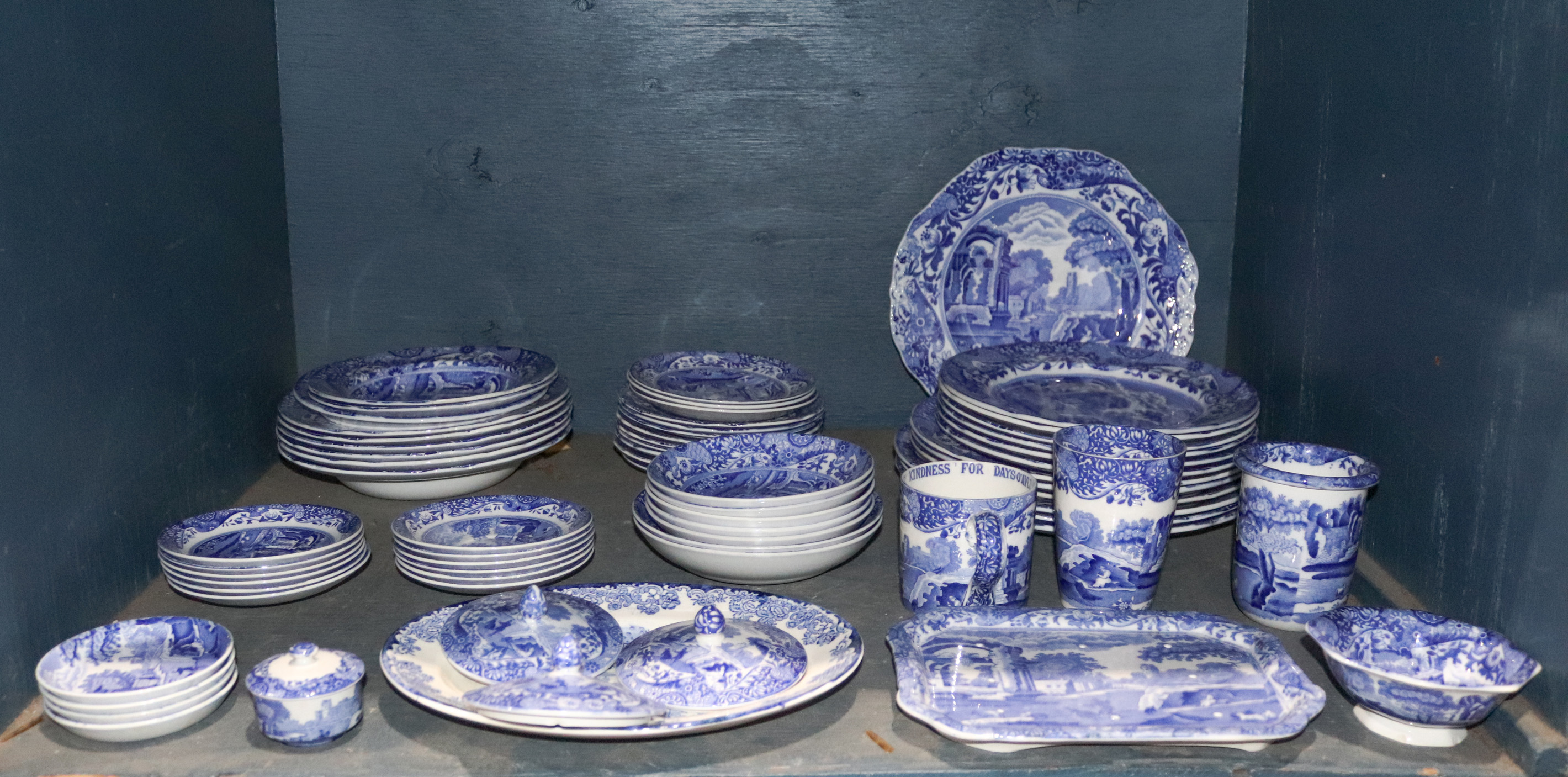 ONE SHELF OF ASSORTED BLUE WILLOW