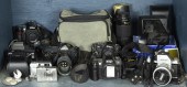 ONE SHELF OF CAMERAS AND EQUIP