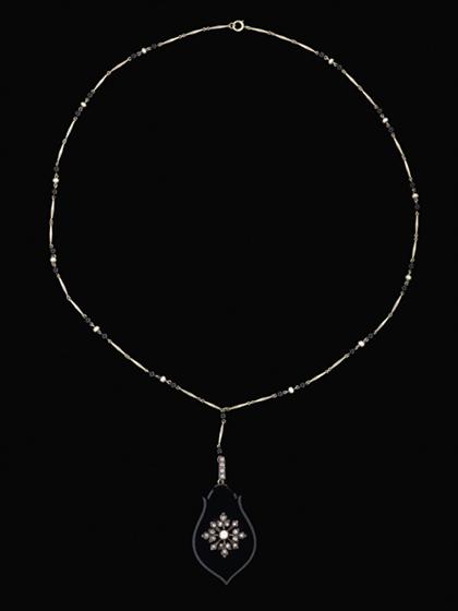 Onyx diamond and seed pearl pendant