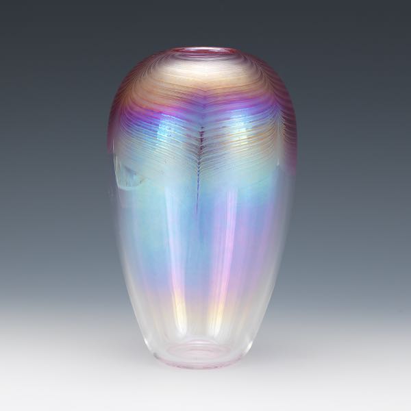 OPALESCENT AND FEATHERED GLASS VASE