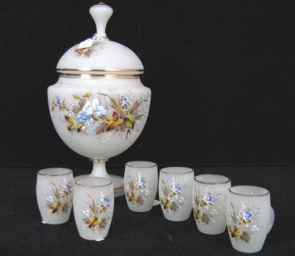 Opaline glass punch bowl and six