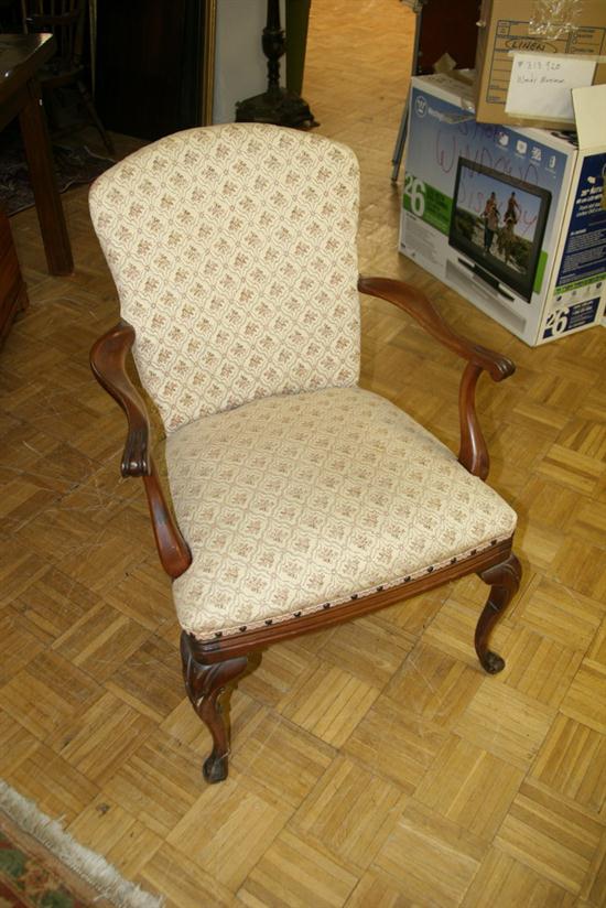 OPEN-ARM MAHOGANY-FRAME UPHOLSTERED
