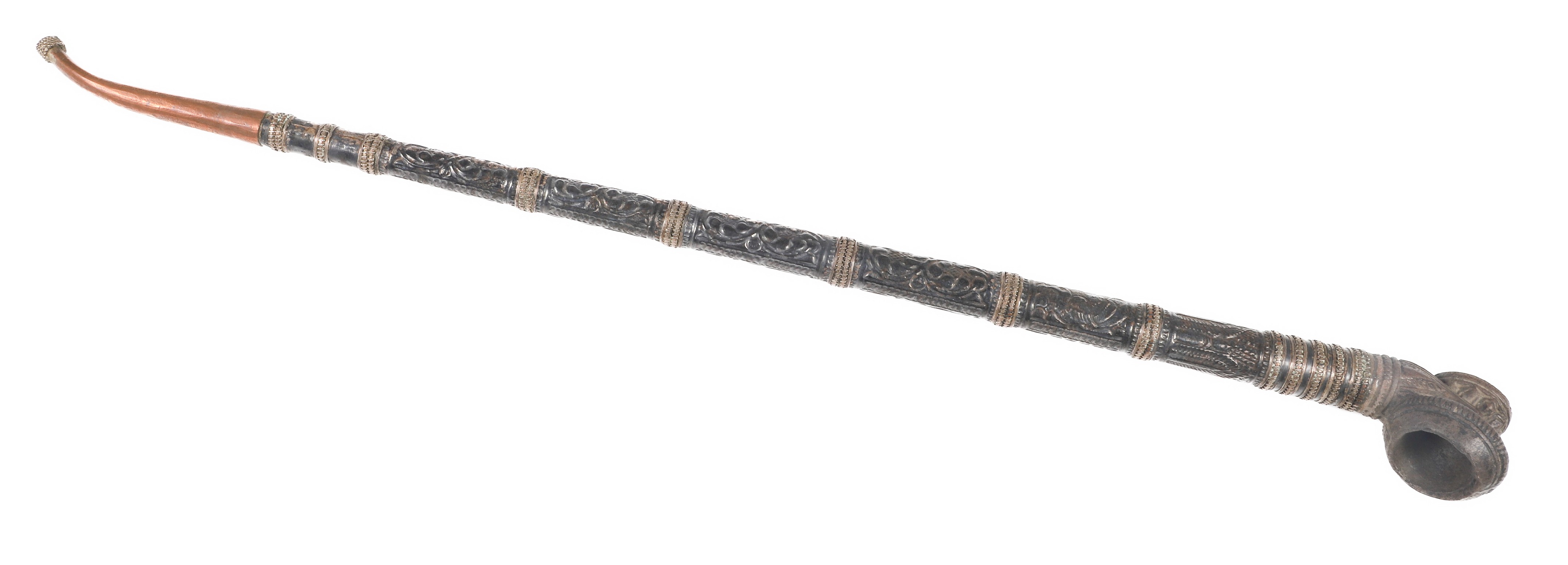 Opium pipe, embossed silver plate