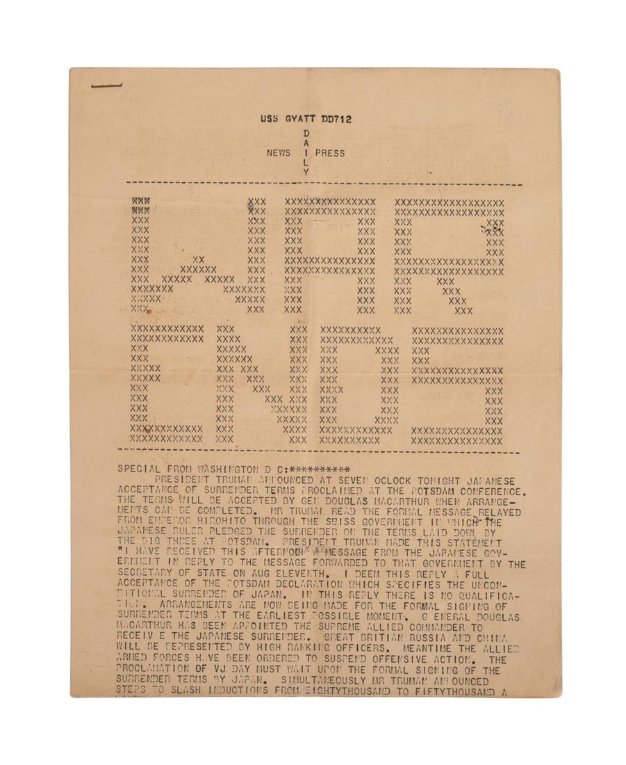 ORIGINAL TELETYPE, WAR ENDS, USS