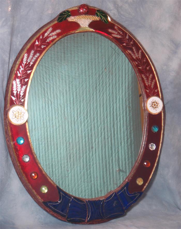 Oval etched Venetian mirror with