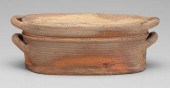 Oval redware lidded roaster, f