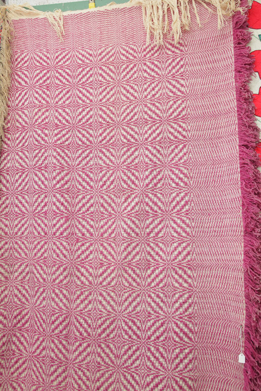 OVERSHOT COVERLET. Purple and cream