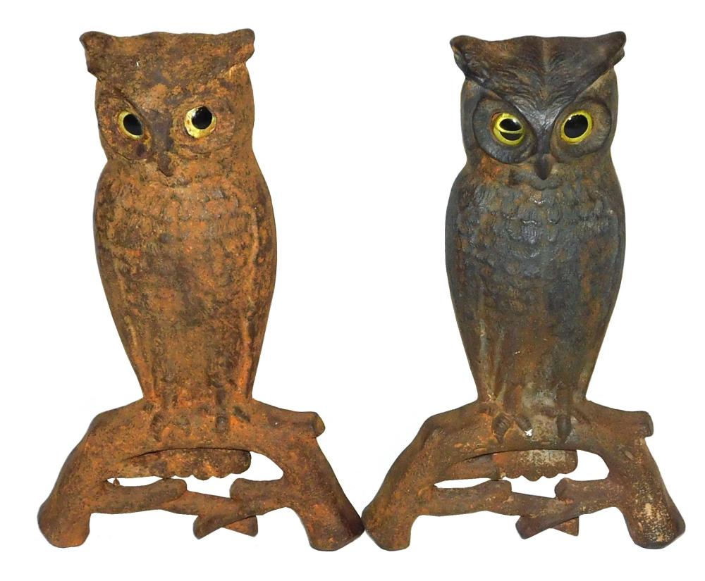 OWL ANDIRONS, 19TH C., PAIR, CAST