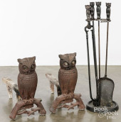 OWL ANDIRONS AND FIRE TOOLS<br