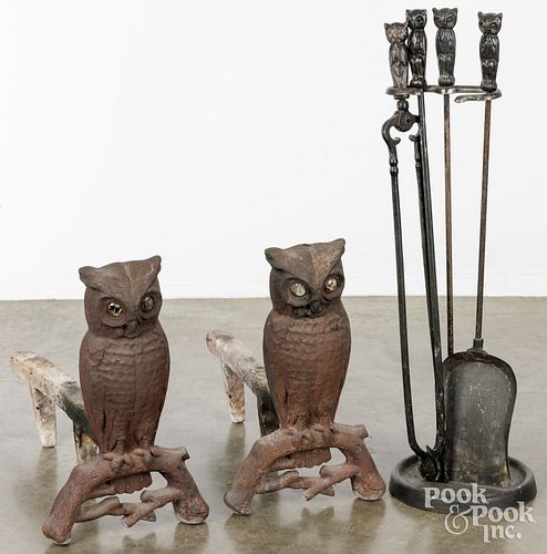 OWL ANDIRONS AND FIRE TOOLSPair