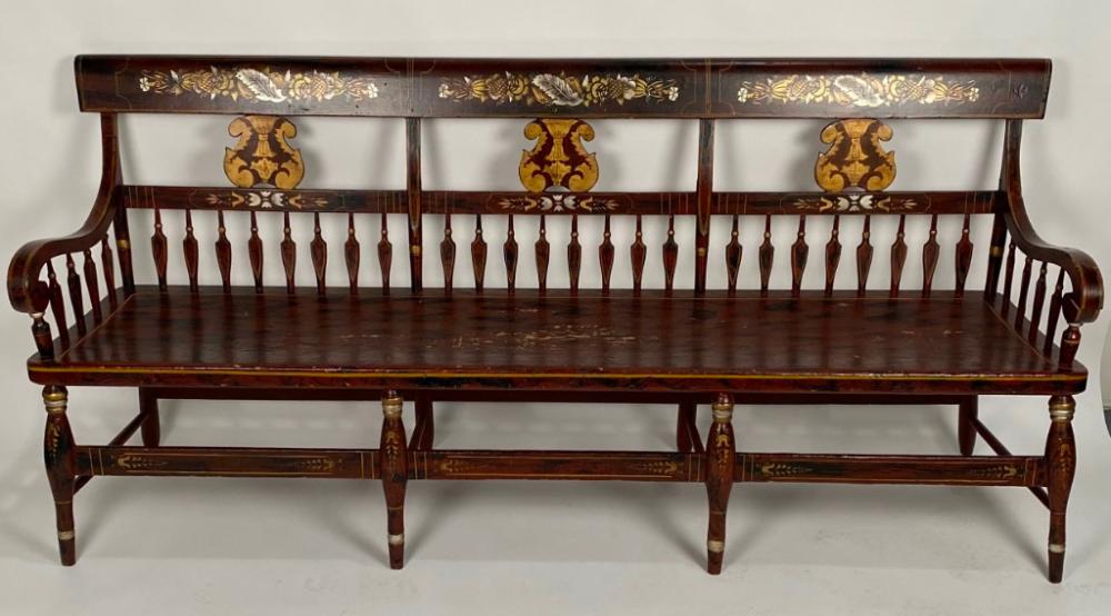 PAINT-DECORATED DEACON'S BENCH 19TH