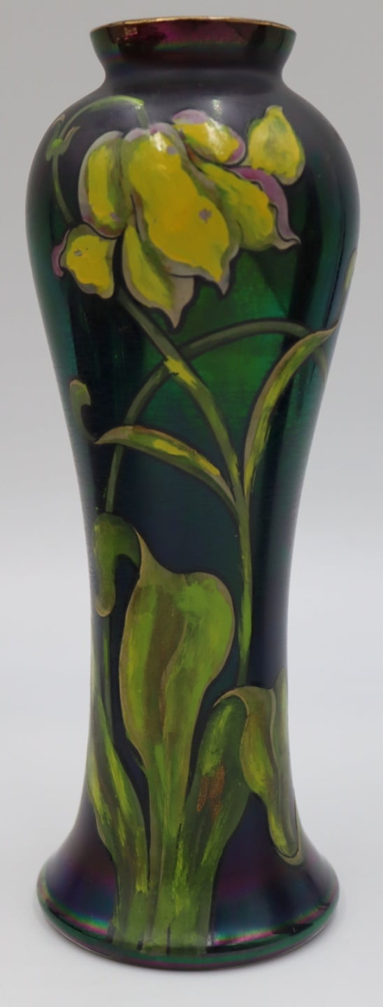 PAINT DECORATED FAVRILE GLASS VASE.