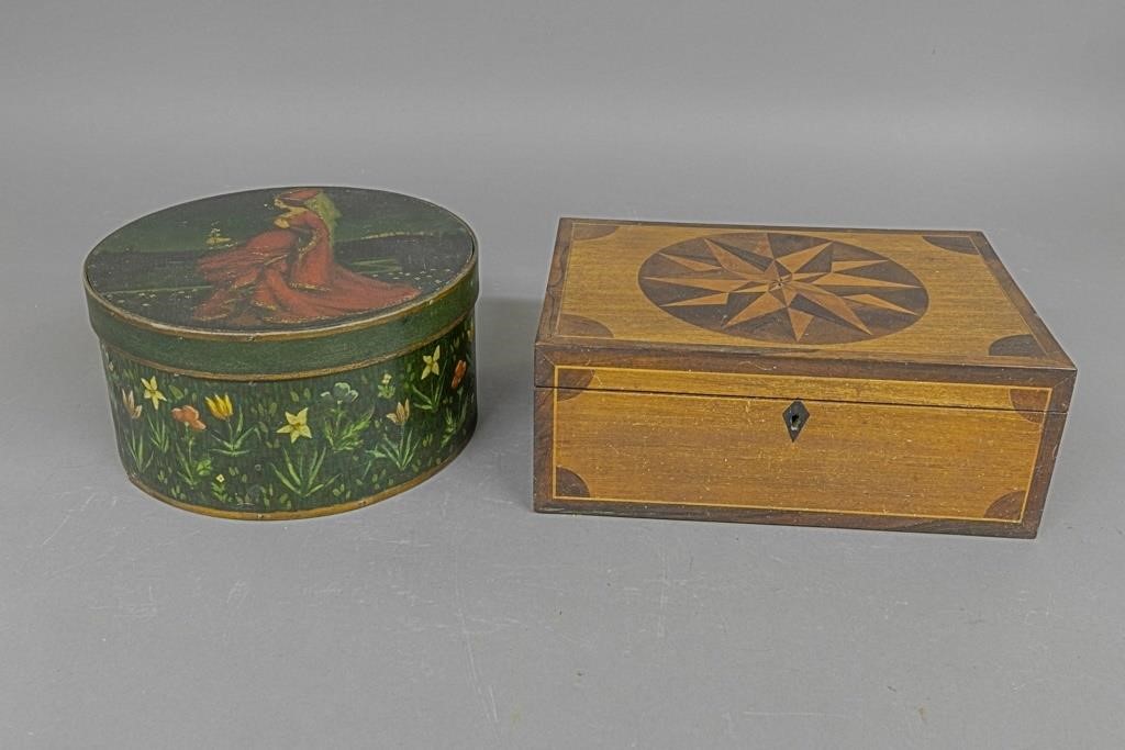 Paint decorated round box 5"H x