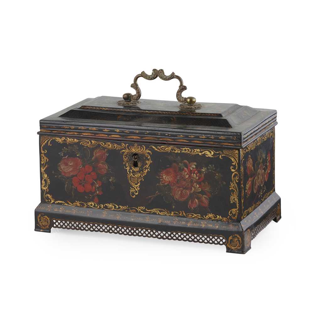 PAINTED AND GILT TOLEWARE TEA CADDY