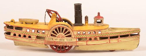 PAINTED CAST IRON PADDLE WHEEL BOAT