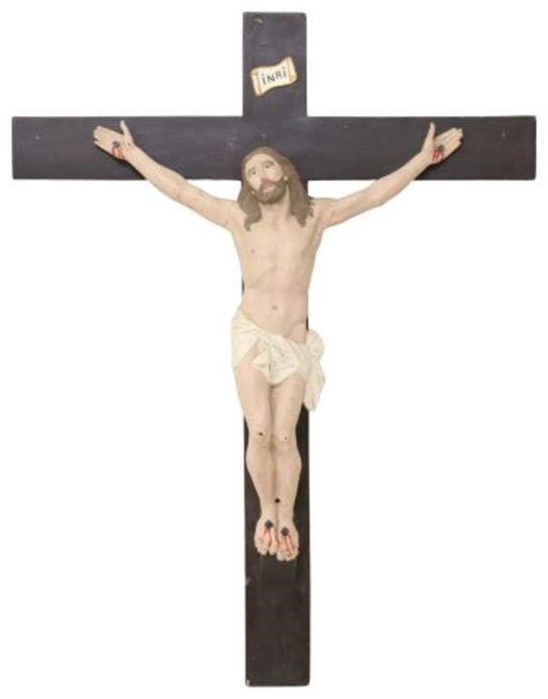 PAINTED CAST IRON & WOOD CRUCIFIX
