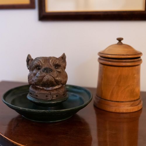 PAINTED IRON DOG FORM TOBACCO JAR