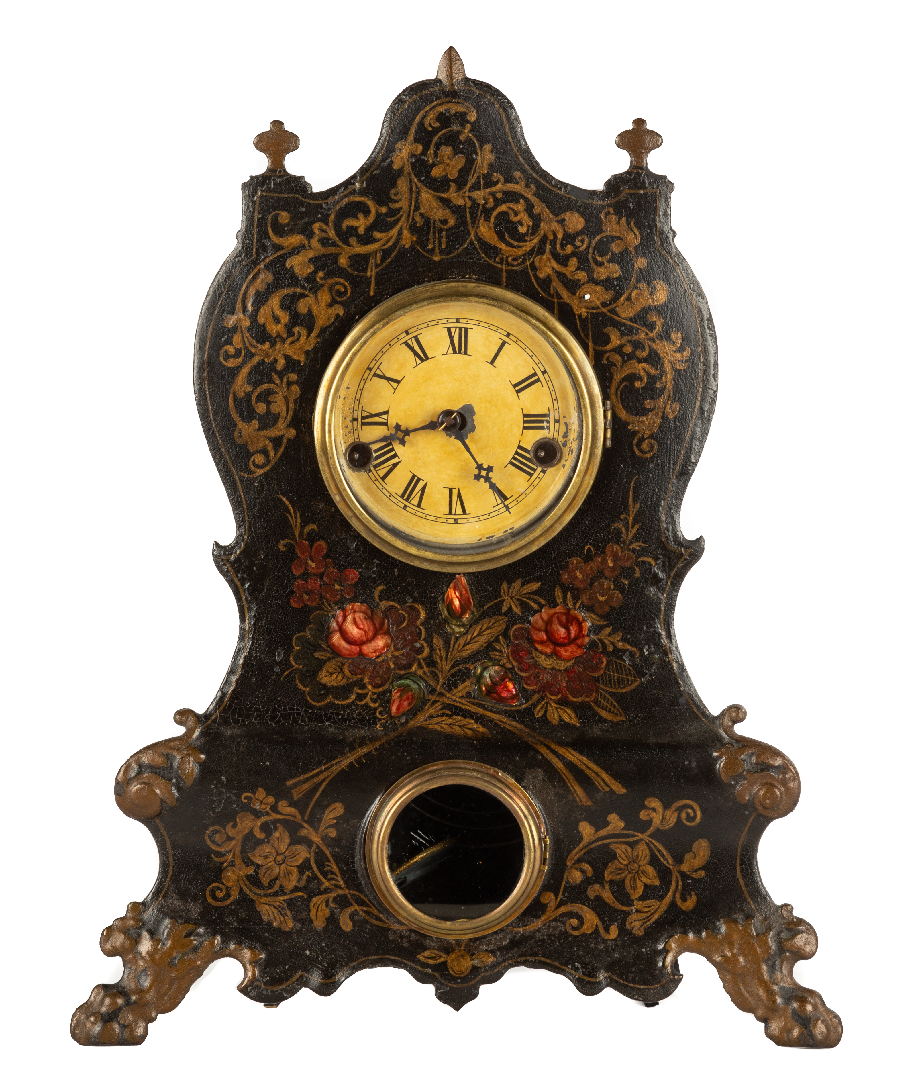 PAINTED IRON FRONT SHELF CLOCK Time