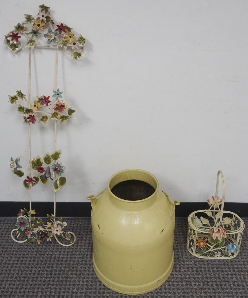 PAINTED METAL JUG, BASKET AND
